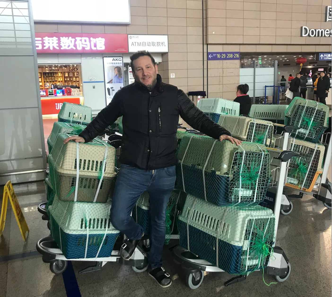 Jason Walker at a Chinese airport, leaning on two trolleys stacked with crates of rescue dogs