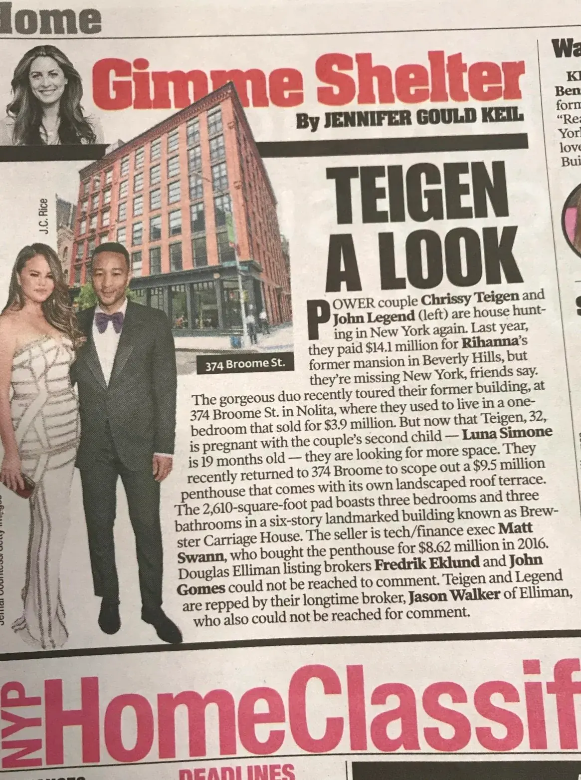 A New York Post clipping on the Teigen–Legend penthouse