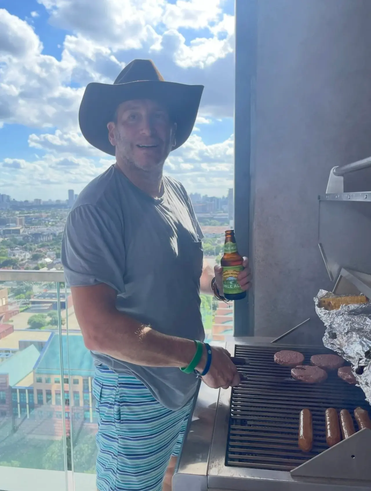 At the grill on a rooftop