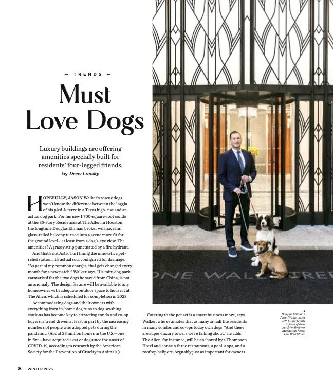“Must Love Dogs”, page one: Jason Walker outside One Wall Street with his two rescue dogs